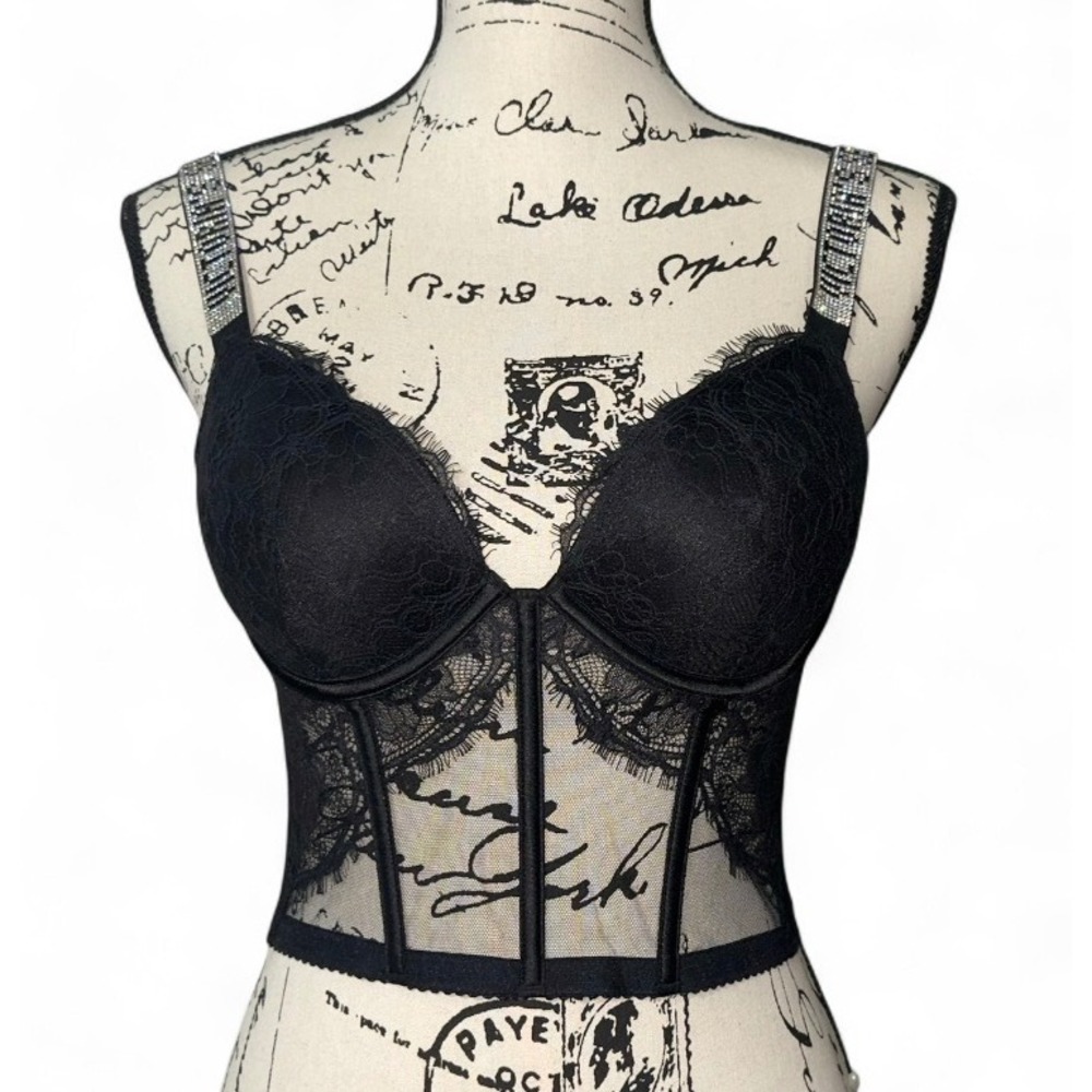 Victorias Secret Very Sexy Black Lace Rhinestone Shine Strap Push Up‎ Corset 34B